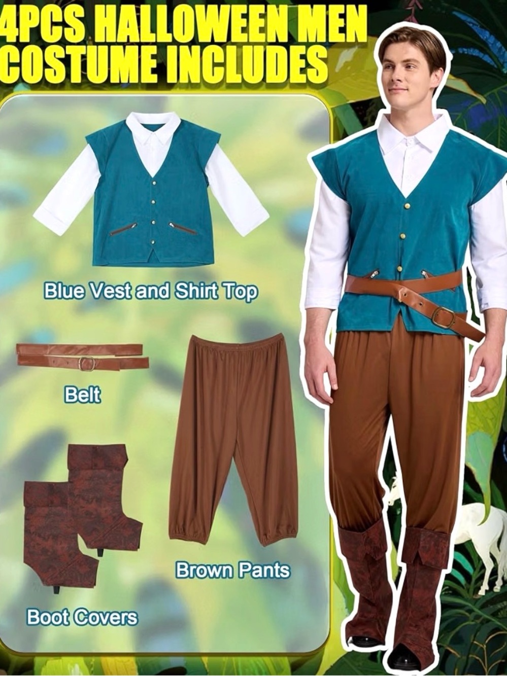Halloween Costume Adult Men Blue Vest Shirt Prince Cosplay Suit 4PCS Deluxe Set